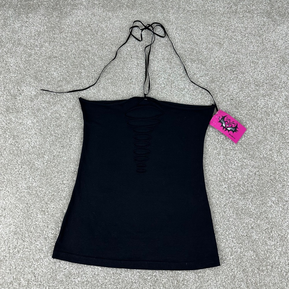 Demi Loon Womens Black Halter Top Gothic Laser Cut Shredded Ladder Neck Tie NEW